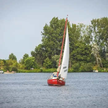 Zeilboot op rustig water met groene oever en bomen op de achtergrond in Limburg.
